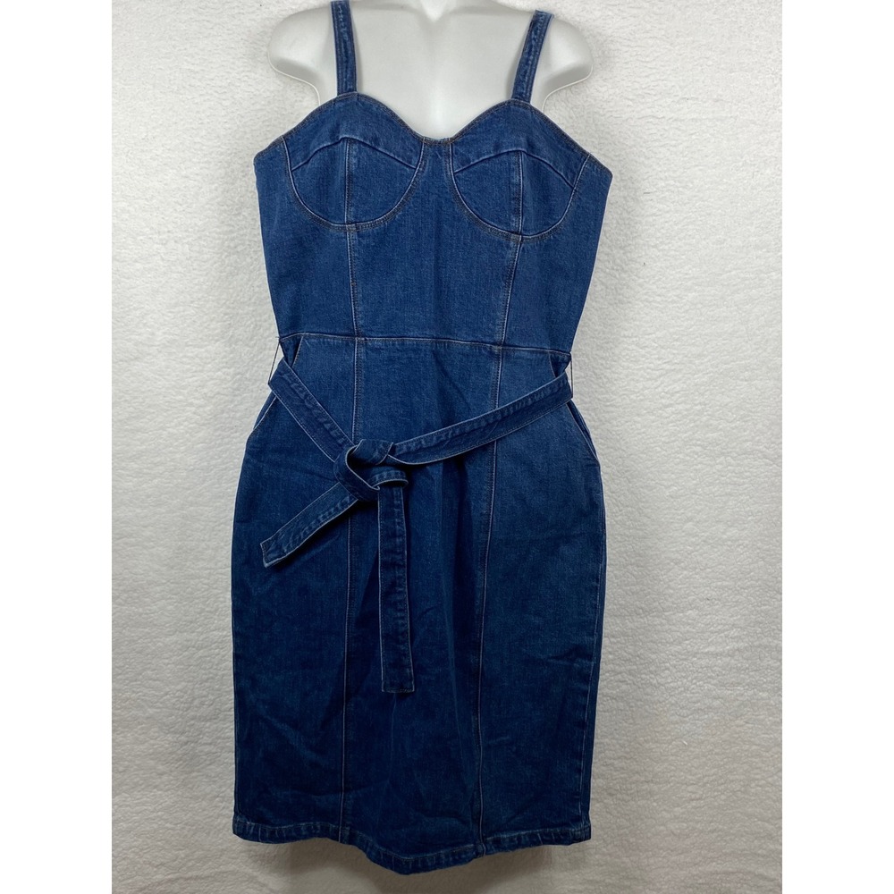 Paige Vintage Denim Bustier Midi Dress Blue Indigo Belted NWT Size 12